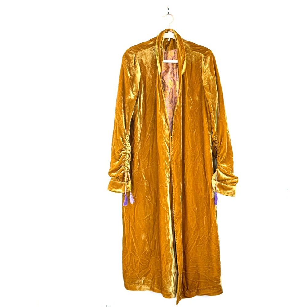 FREE PEOPLE Dahlia Velvet Duster Coat Jacket In Gold w Purple Tassels M - Picture 2 of 13